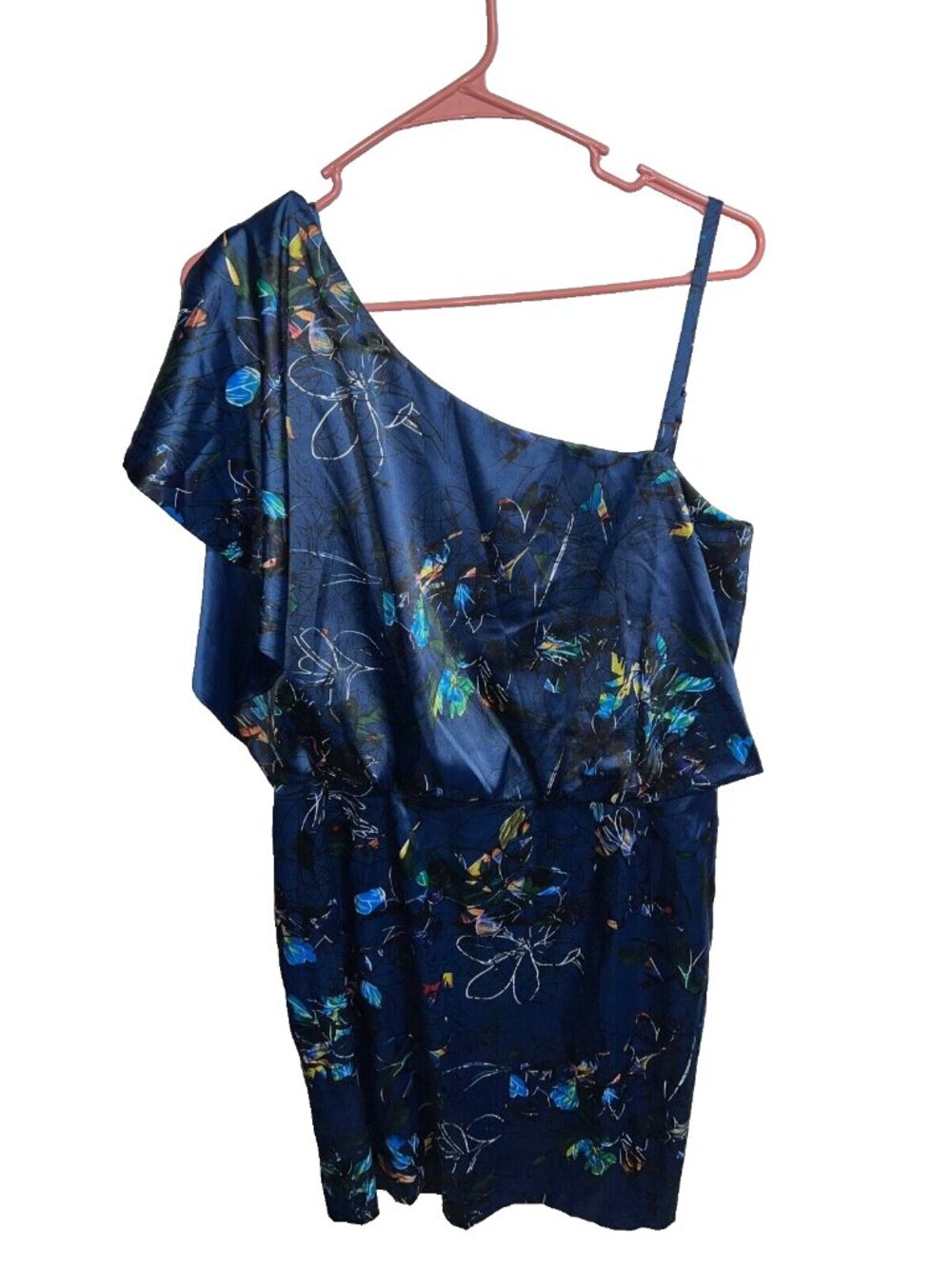 Jessica Simpson one shoulder dress size 10 lined blue floral knee length